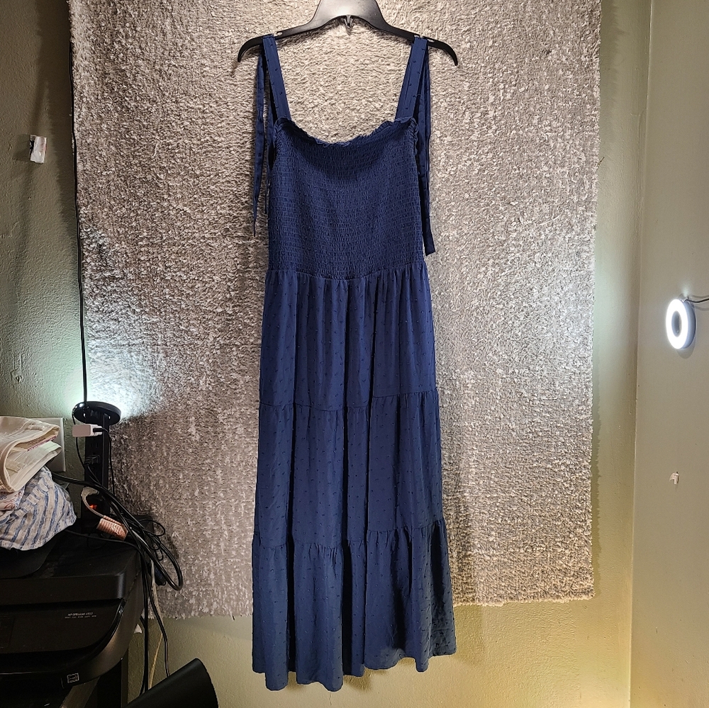 Lucky Brand Shoulder‎ Tie Smocked Summer Midi Dress Xl Rayon Blue